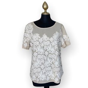 Sundance Lace Blouse Sheer Short Sleeve Tan White Size Medium